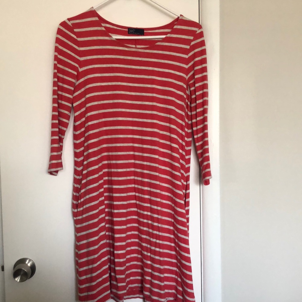 Grey and red striped dress with pockets